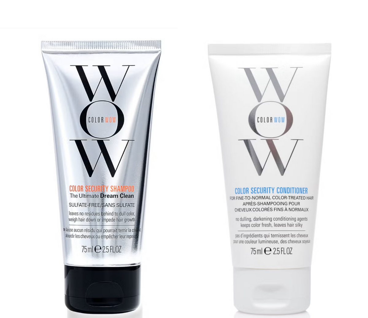 Color Wow Dream Clean travel shampoo and conditioner duo for fine to normal hair, 2x 75ml bottles, hair care set.