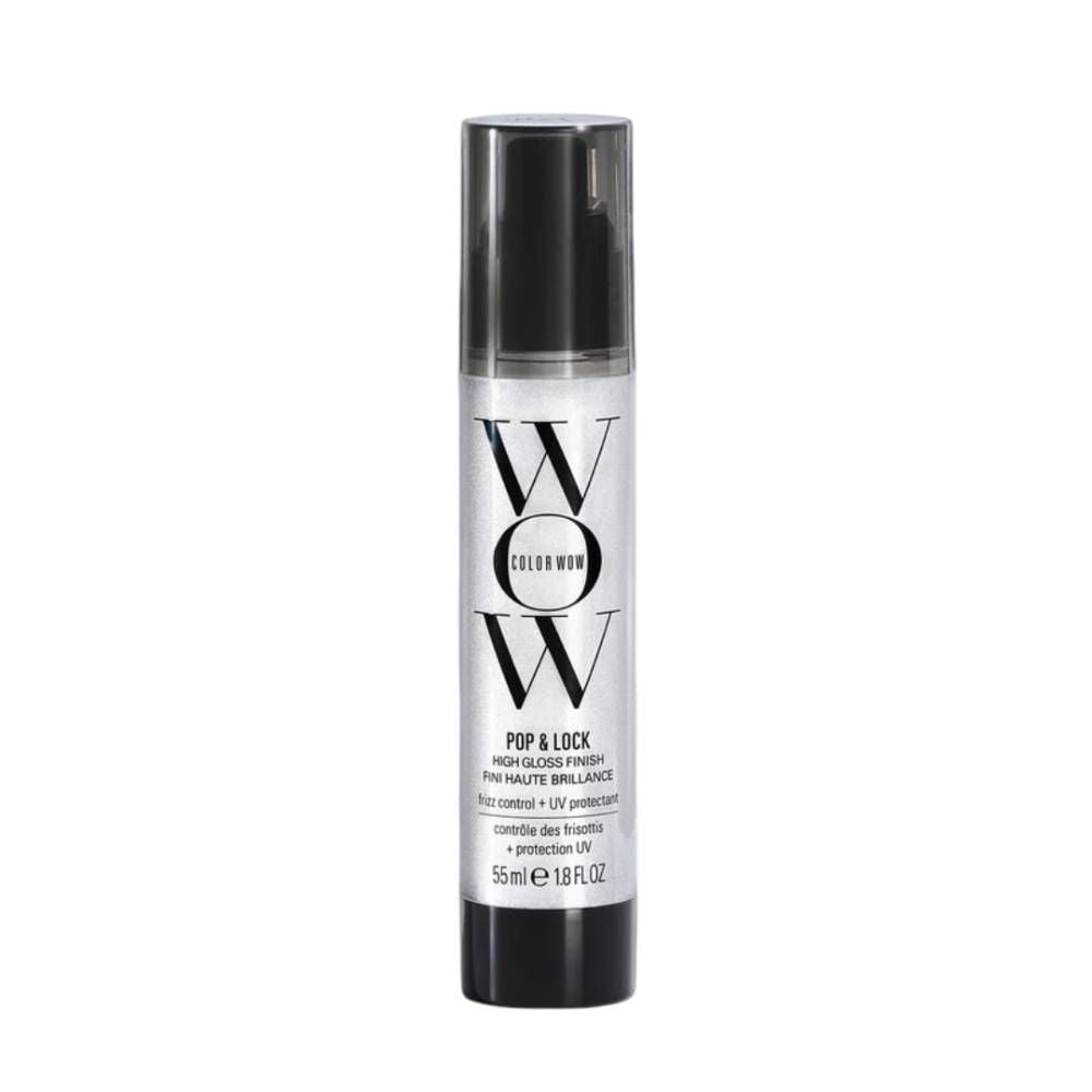 Color Wow Pop and Lock High Gloss Finish Serum for hair styling, showing a sleek 12ml bottle with shiny finish