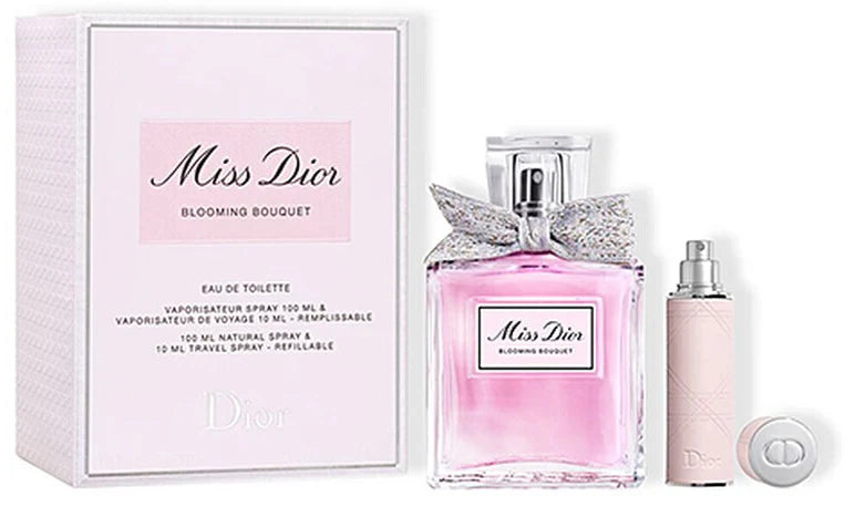 Dior Miss Dior Blooming Bouquet 100ml EDT perfume bottle with 10ml refillable spray, elegant floral fragrance packaging