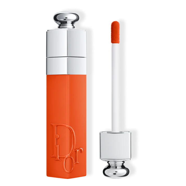 Dior Addict Lip Tint 641 Natural Red Tangerine, featuring a vibrant orange-red shade on smooth lips.