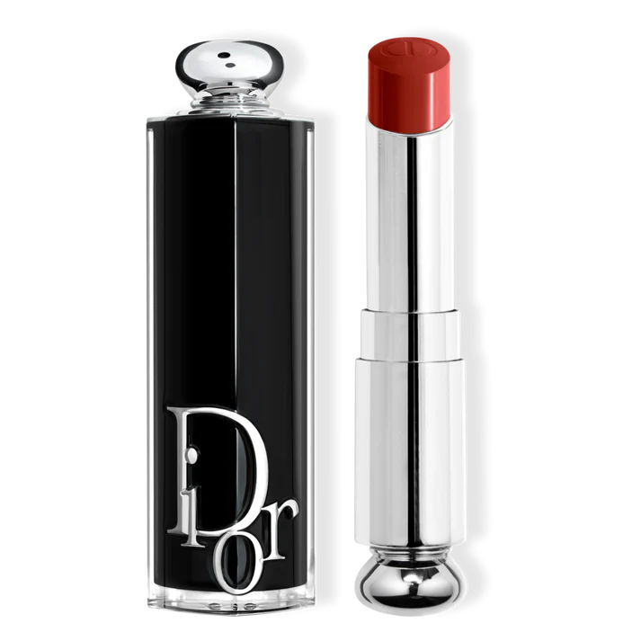 Dior Addict Shine Lipstick 845 Vinyl Red with sleek gold packaging and smooth, shiny red lipstick bullet.