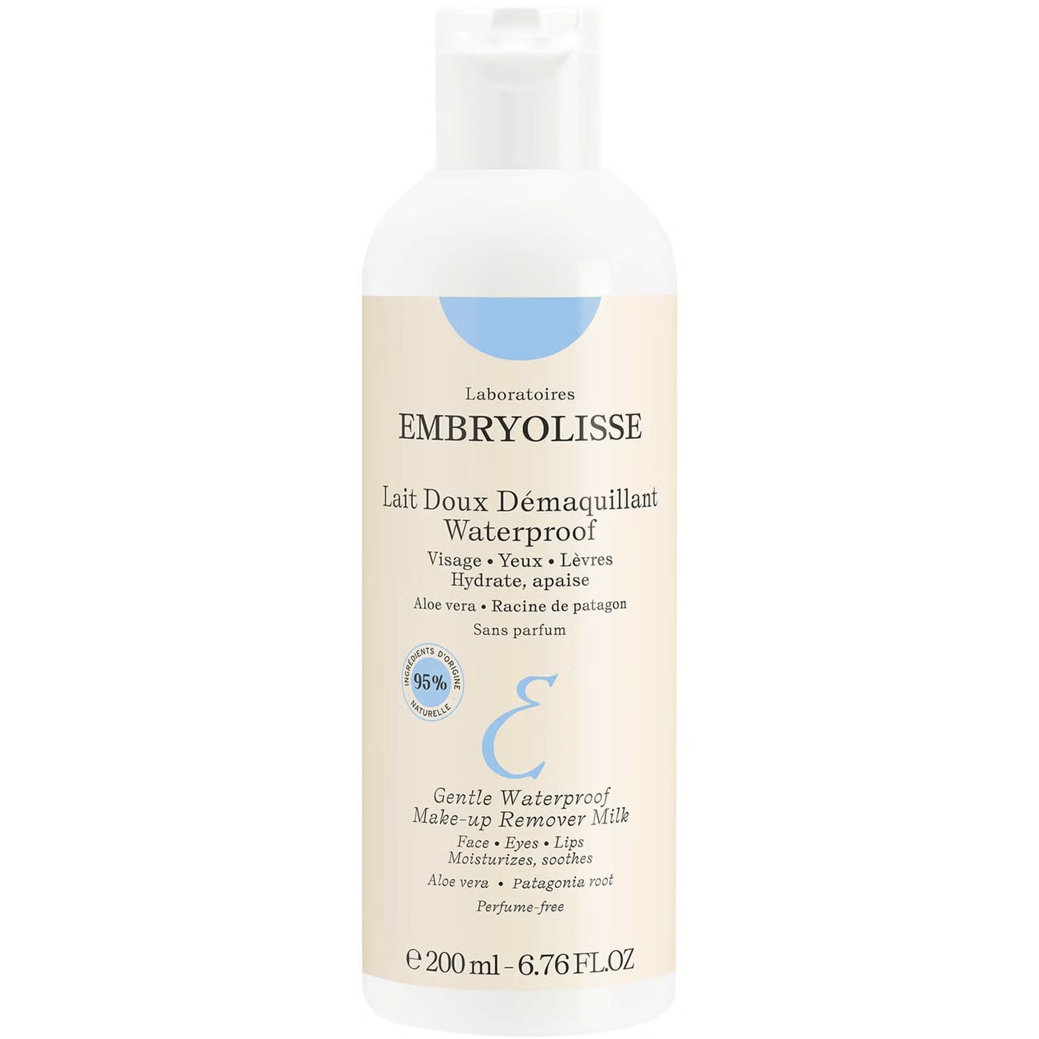 Embryolisse Gentle Waterproof Make-up Remover Milk 200ml bottle with a soft pump dispenser and white packaging.