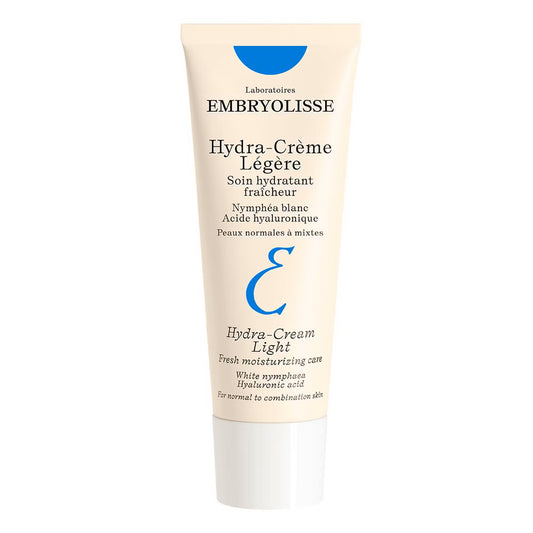 Embryolisse Hydra-Cream Light 40ml with white nymphaea and hyaluronic acid, featuring a white jar and smooth cream texture.