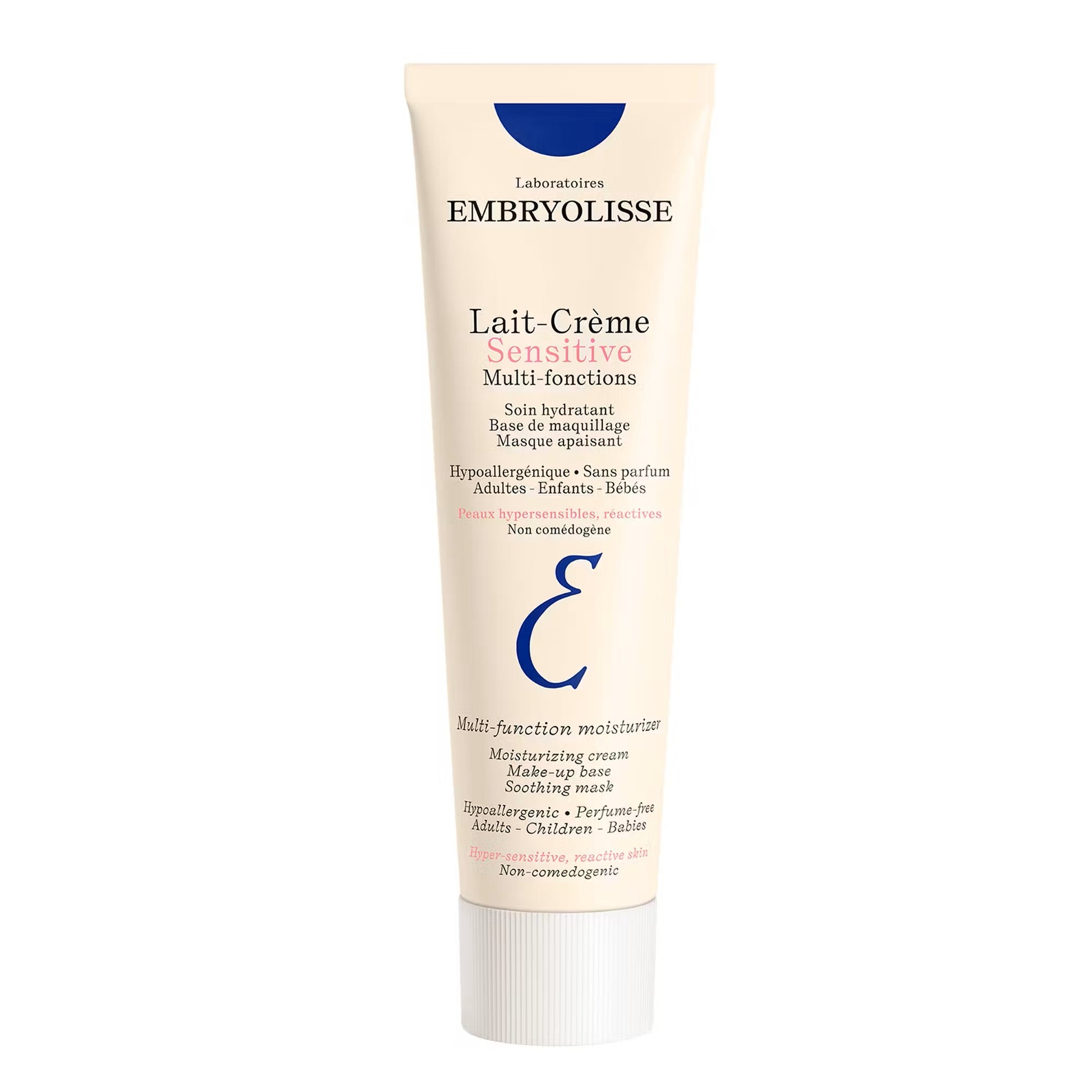 Embryolisse LLait-Crème Sensitive 100ml, soothing moisturizer in a white tube with blue accents, suitable for sensitive skin.