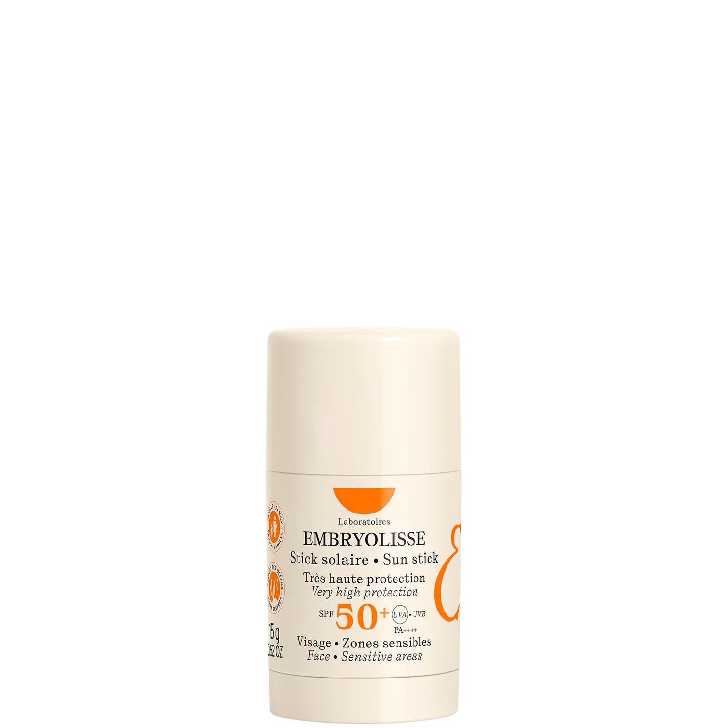 Embryolisse Waterproof Sun Stick SPF 50+ for sensitive skin, 15ml, showing the compact sunscreen with a twist-up design.