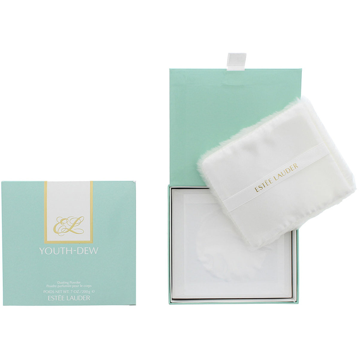 Estée Lauder Youth-Dew fragranced dusting powder in a 200g container, showing the elegant packaging and powder surface.