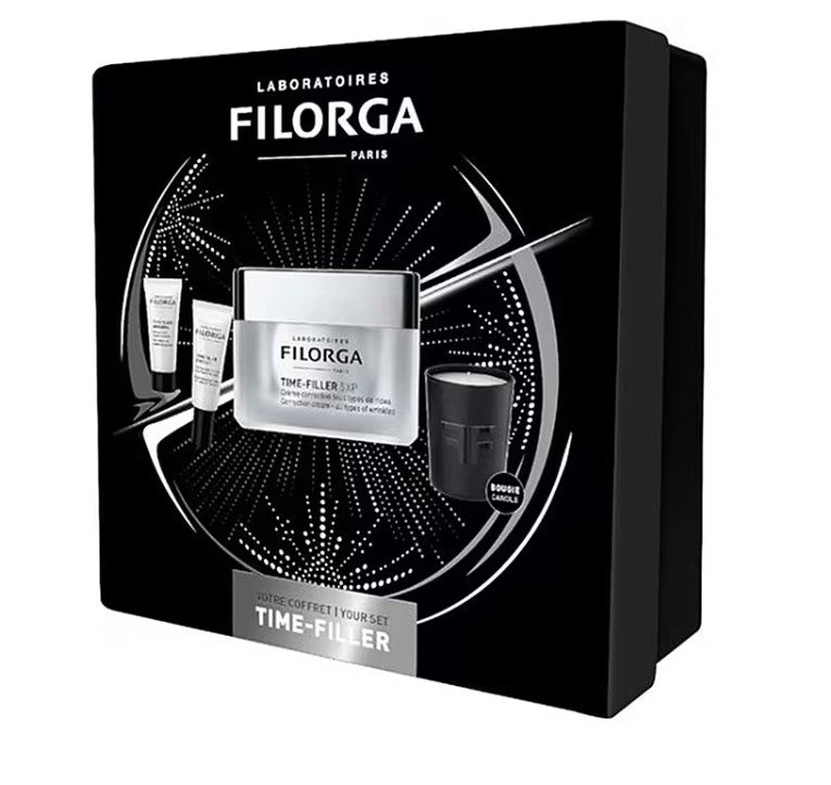 Filorga Time Filler gift set with skincare products and a candle in a boxed set, designed for anti-aging skin care.