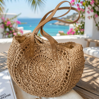 Grace Beauty woven round raffia tote bag, stylish handbag with natural woven texture and round shape, perfect for casual outings.