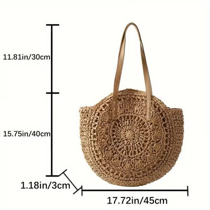 Classic woven round raffia tote bag by Grace Beauty, natural handwoven straw handbag with round shape and sturdy handles.