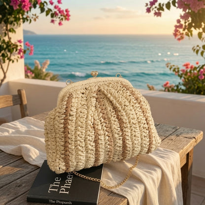 Natural Raffia Shell Clutch Bag by Grace Beauty, a stylish handmade handbag with shell accents in a natural raffia finish.