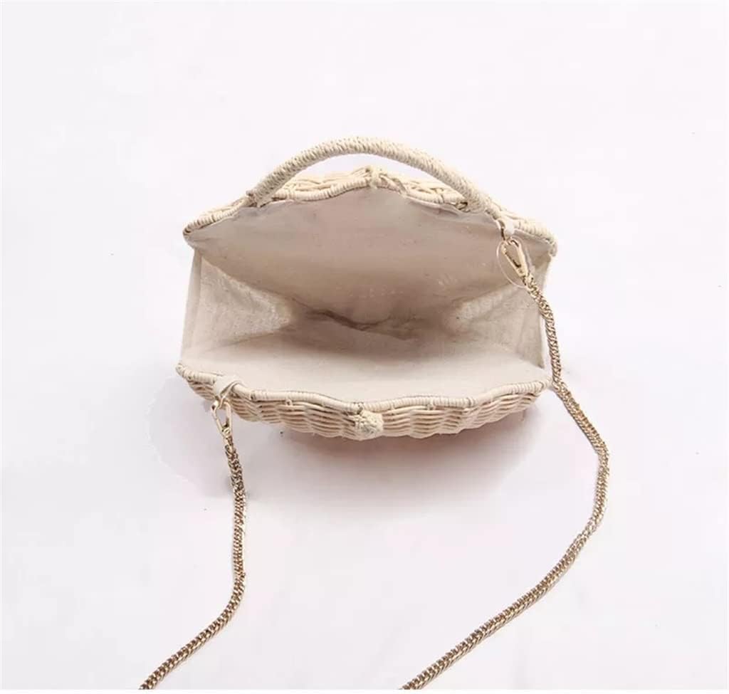 Grace Beauty shell-shaped raffia clutch handbag with woven design, crossbody strap, and pearl accents.