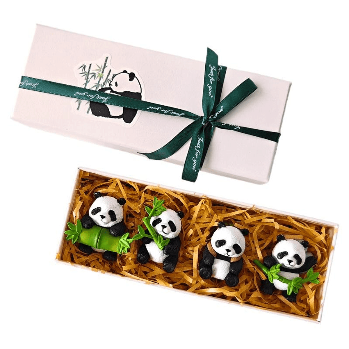 Set of four Grace Beauty panda with bamboo ornaments, cute decorative gift set for living room decor, featuring adorable panda figures.