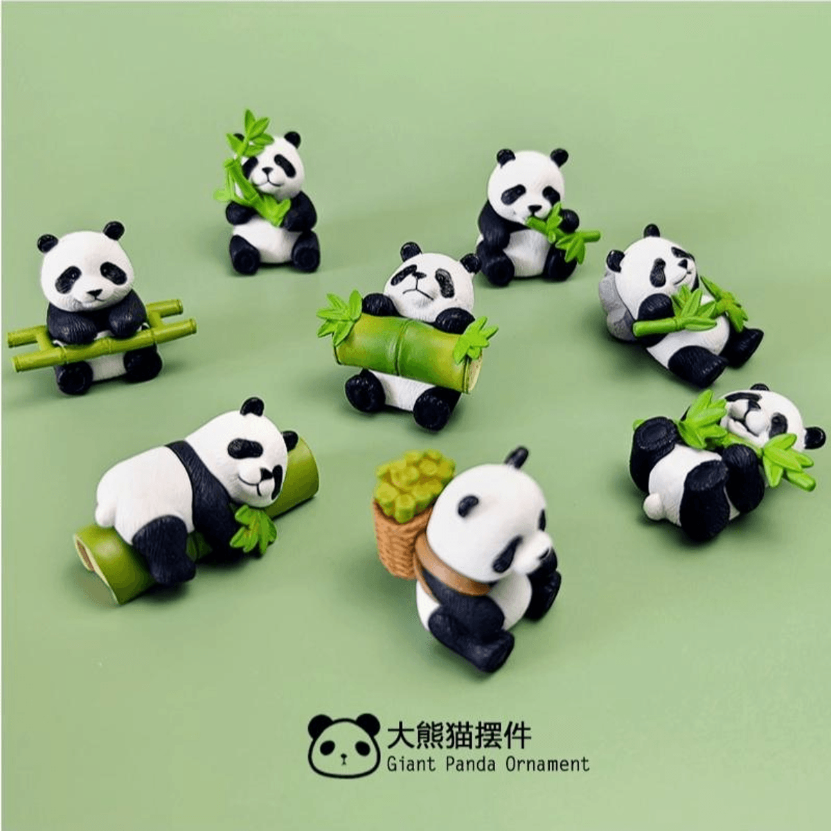 Set of four cute panda ornaments with bamboo by Grace Beauty, perfect for decorating a living room.