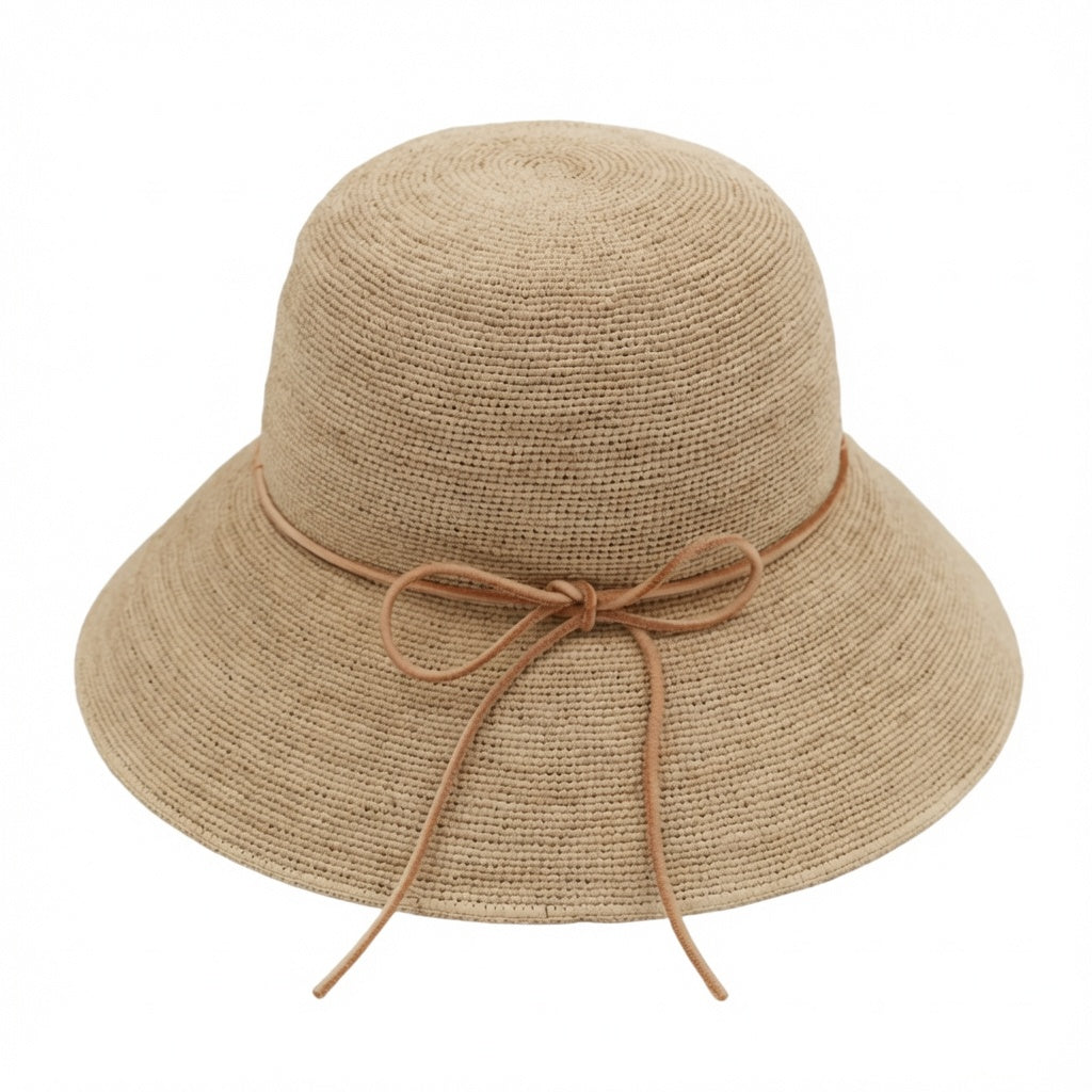 Stone straw bucket hat with bow, Raffia beach hat by Grace Beauty, lightweight and stylish for sunny days.