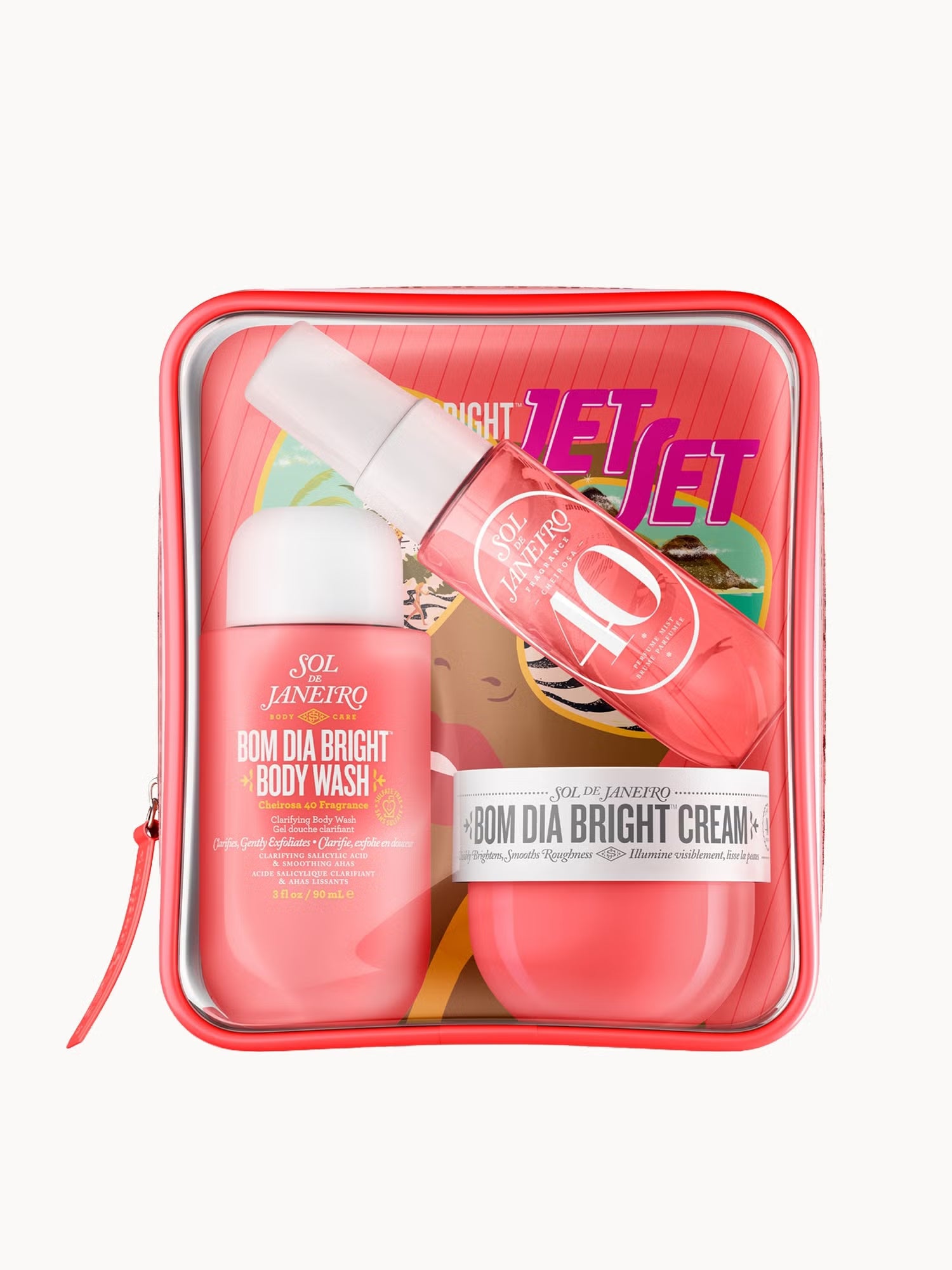 Sol de Janeiro Bom Dia Jet Set bath and body product set with colorful packaging and skincare bottles on a white background.