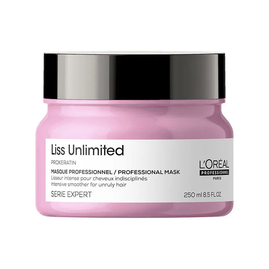 L'Oréal Paris Liss Unlimited hair mask in a 250ml jar, designed for smoothing and nourishing frizzy, unruly hair.