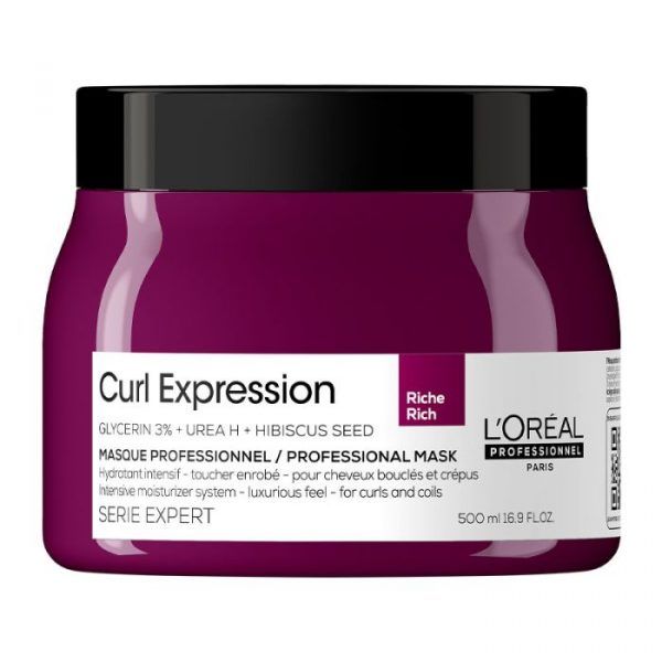 L'Oreal Professional Serie Expert Curl Expression Rich Masque 500ml for hydrating curly hair care, in a white jar with a blue lid.