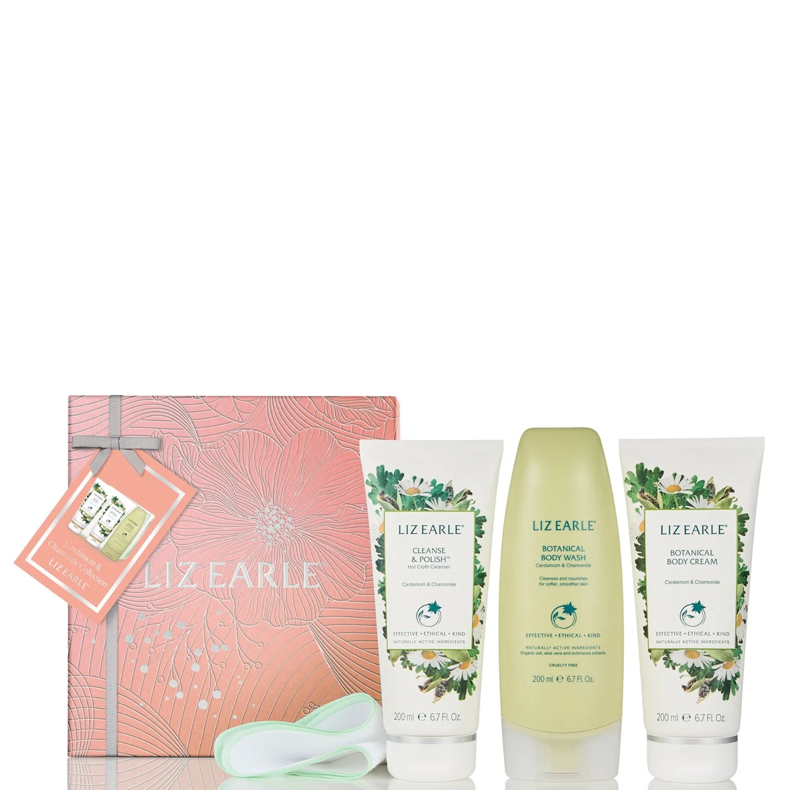 Liz Earle Cardamom & Chamomile Bath & Body collection featuring soothing creams and body wash with natural ingredients.
