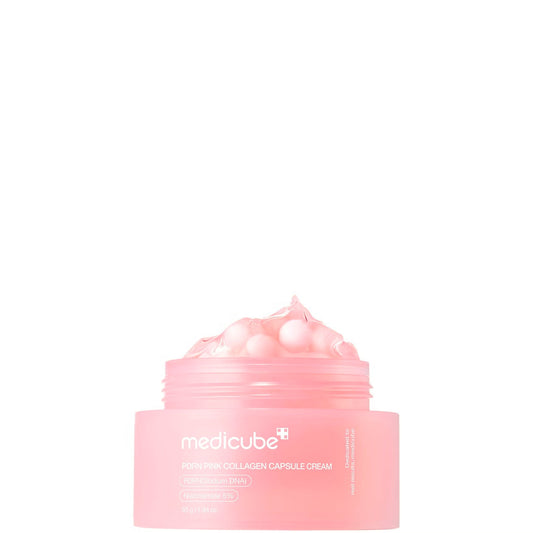 Medicube PDRN Pink Collagen Capsule Cream face moisturizer in 55g jar with pink packaging and collagen capsules for skin hydration.