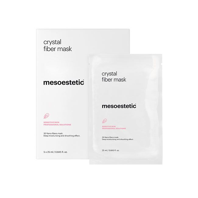 Mesoestetic Post Peel Crystal Fiber Mask for sensitive skin, professional skin care solution, showing the mask on a model's face.