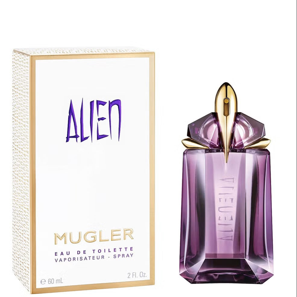 MUGLER Alien Eau de Toilette Natural Spray bottle and packaging. The bottle is purple, and the packaging has the MUGLER logo in gold.