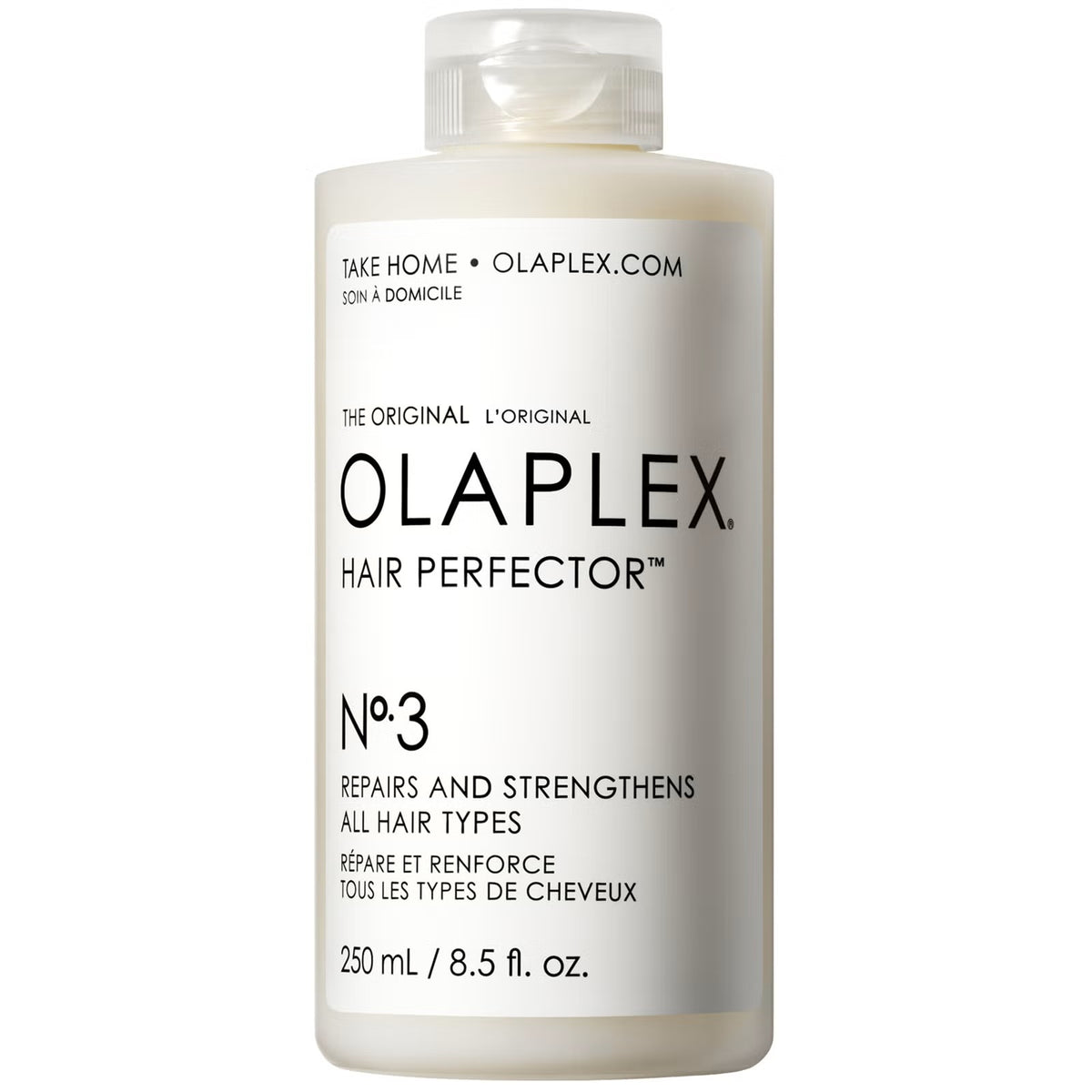 Olaplex No. 3 Hair Perfector bottle showing pre-shampoo strengthening and reparative treatment for damaged hair.
