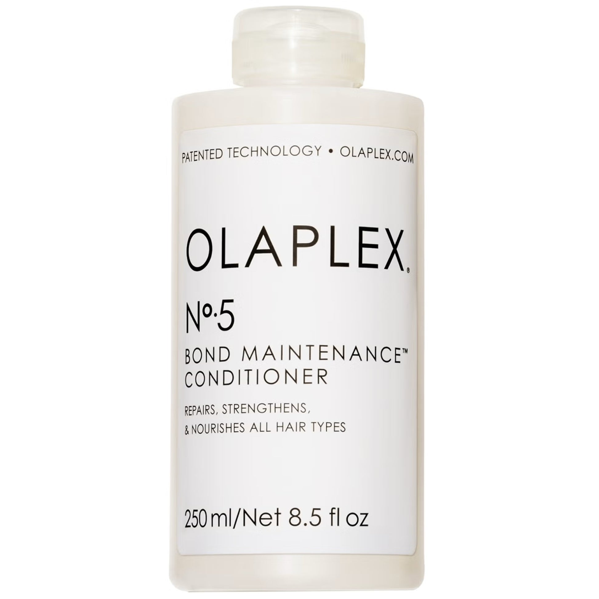 Olaplex No. 5 Bond Maintenance hair conditioner, 250ml, for strengthening and repairing damaged hair, in a white bottle.