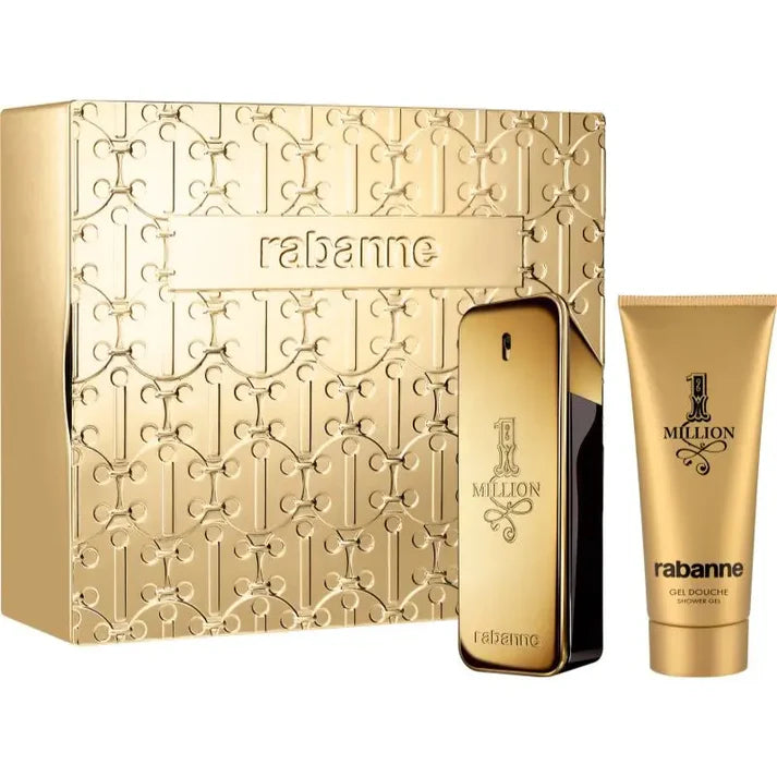 Paco Rabanne 1 Million 100ml EDT spray and shower gel set, featuring sleek bottles of men's fragrance and body wash.