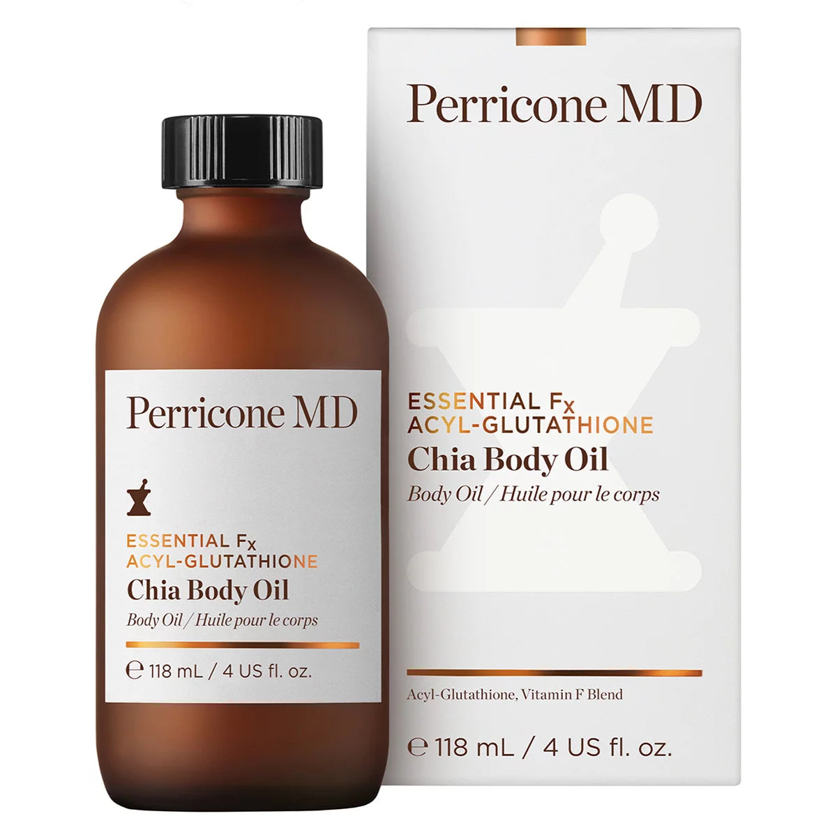 Perricone MD Essential Fx Acyl-Glutathione Chia Hydrating Body Oil in 118ml bottle, featuring smooth, nourishing oil for glowing skin