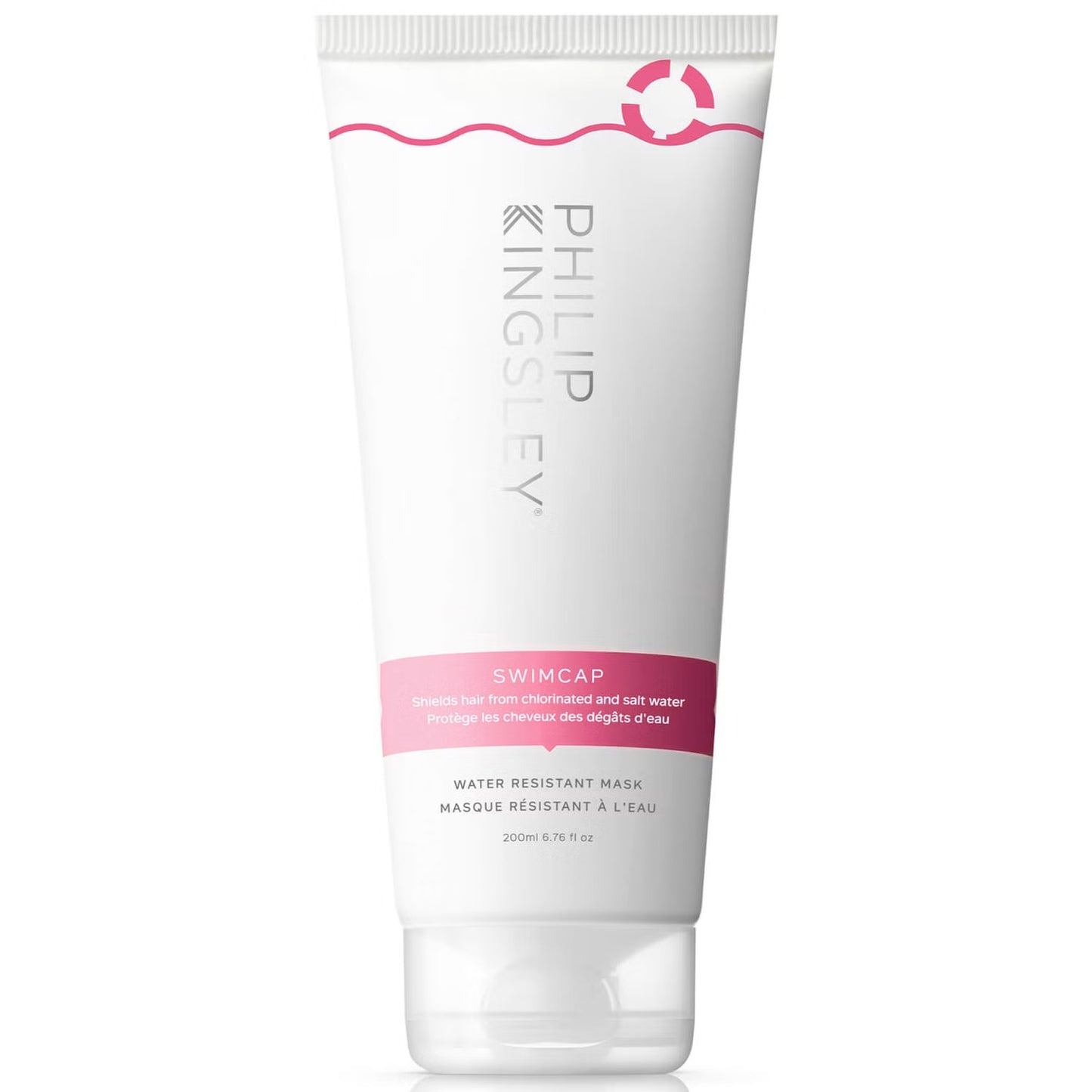 Philip Kingsley Swimcap Water-Resistant Mask 200ml in a white jar with a blue lid, designed for hair protection during swimming.