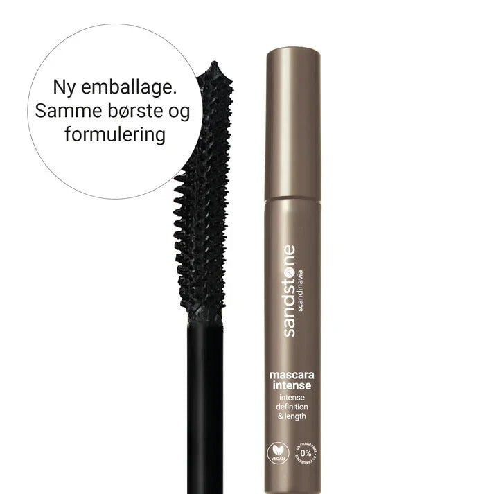 Sandstone Allergy Certified Mascara in intense black, 10g, fragrance-free, showing long, volumized lashes on a makeup model.