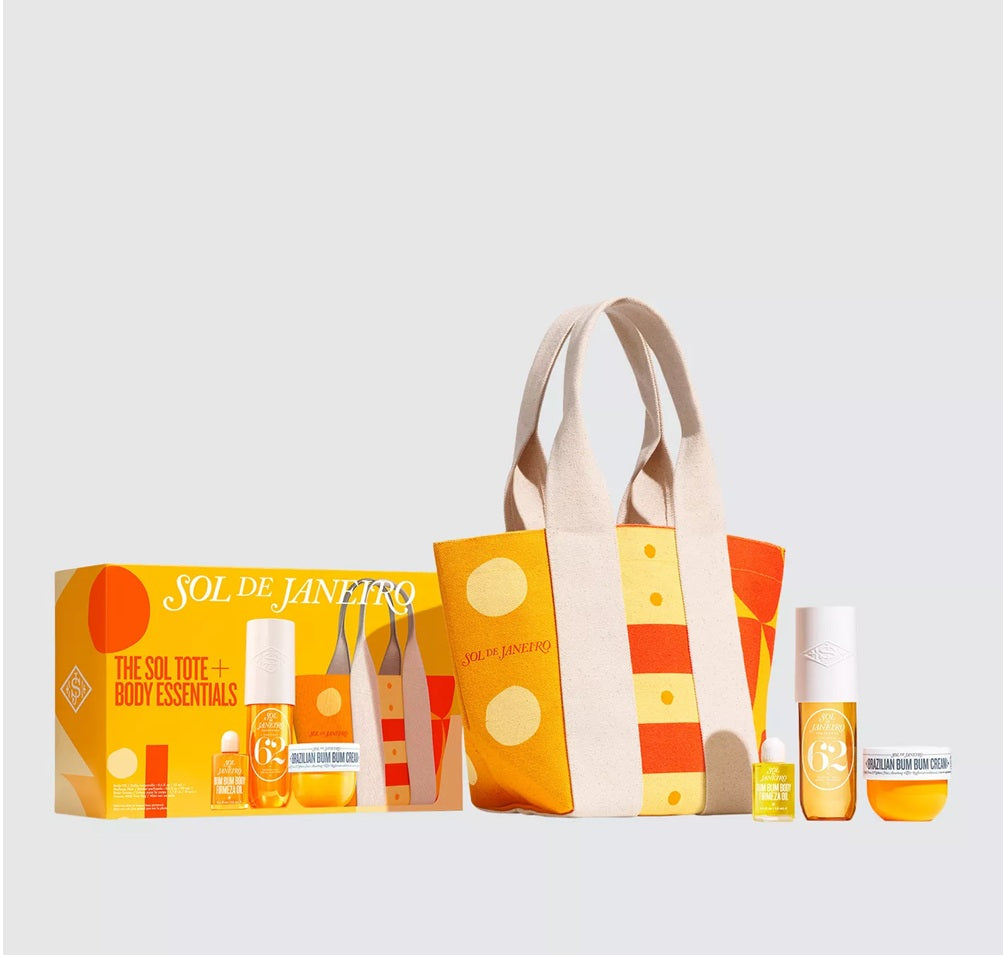 Sol de Janeiro Sol Tote & Body Essentials gift set with bath and body products, featuring bright packaging and tropical scents.