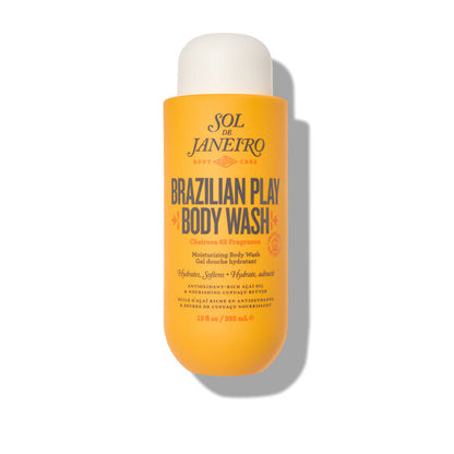 Sol de Janeiro Brazilian 4 Play Moisturizing Shower Cream-Gel in a 385ml bottle, with a smooth creamy texture and vibrant packaging.