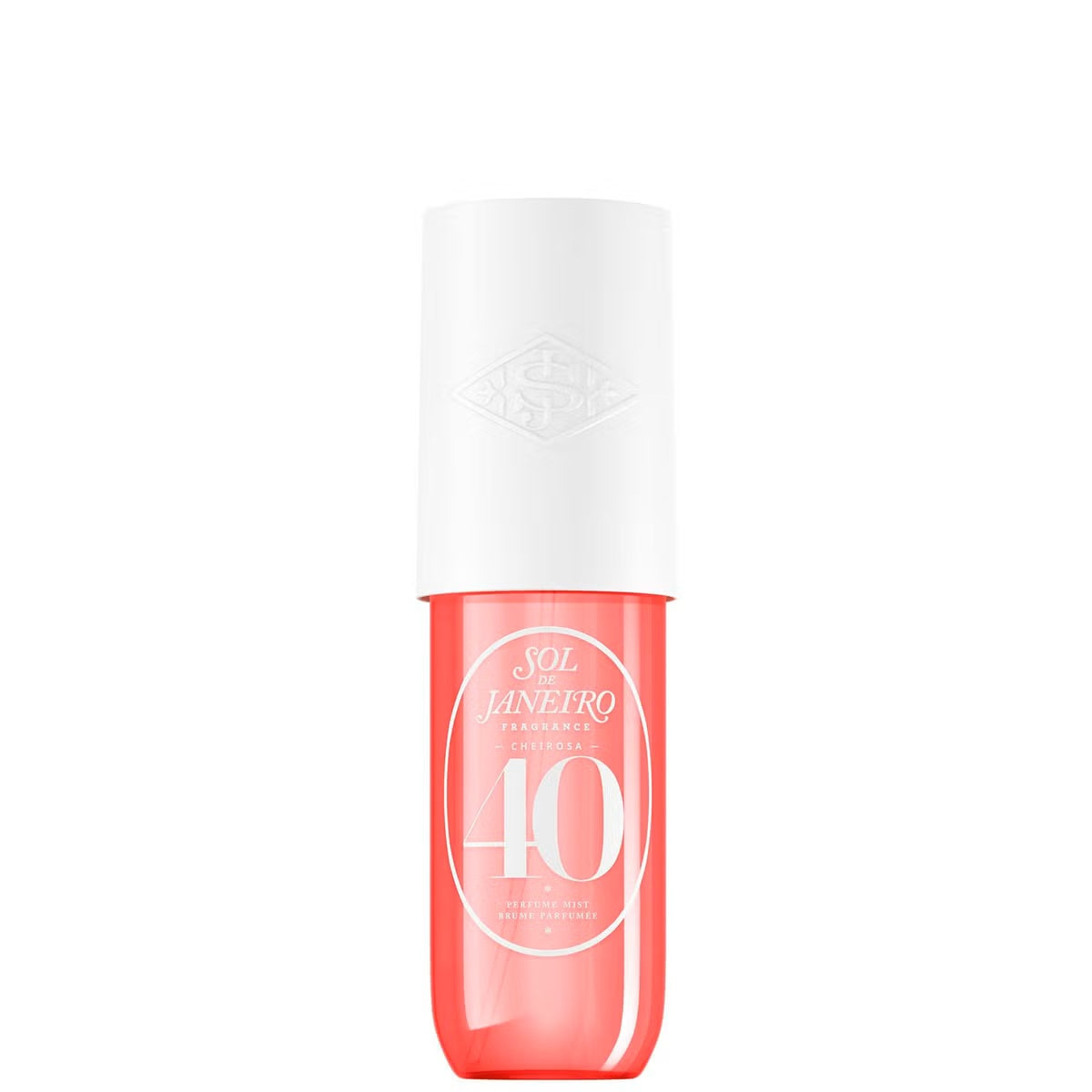 Sol de Janeiro Cheirosa '40 Hair & Body Fragrance Mist bottle with floral design and spray nozzle, 90ml perfume and cologne.