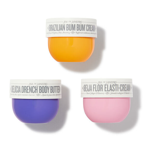 Sol de Janeiro Rio Body Trio set featuring three 75ml skin care bottles with tropical-themed packaging.