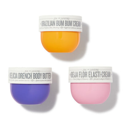 Sol de Janeiro Rio Body Trio set featuring three 75ml skin care bottles with tropical-themed packaging.