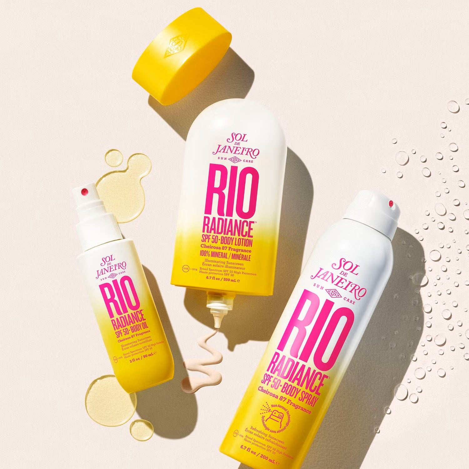 Sol de Janeiro Rio Radiance Body Lotion SPF 50 with 200ml bottle, featuring smooth texture and vibrant packaging.