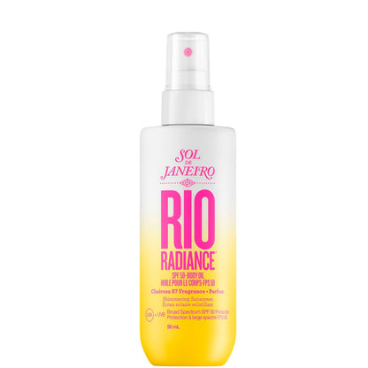 Sol de Janeiro Rio Radiance Oil SPF 50 bottle, a skin care product with golden liquid and pump dispenser.
