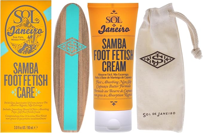 Sol de Janeiro Samba Foot Fetish skin care product in a 90ml bottle, featuring a vibrant, tropical design and moisturizing formula.