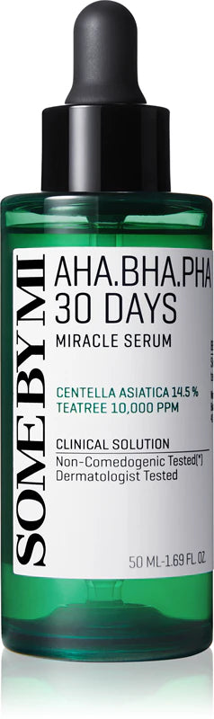 Some By Mi AHA BHA PHA 30 Days Miracle Serum for problem skin, in a clear glass bottle with dropper applicator.
