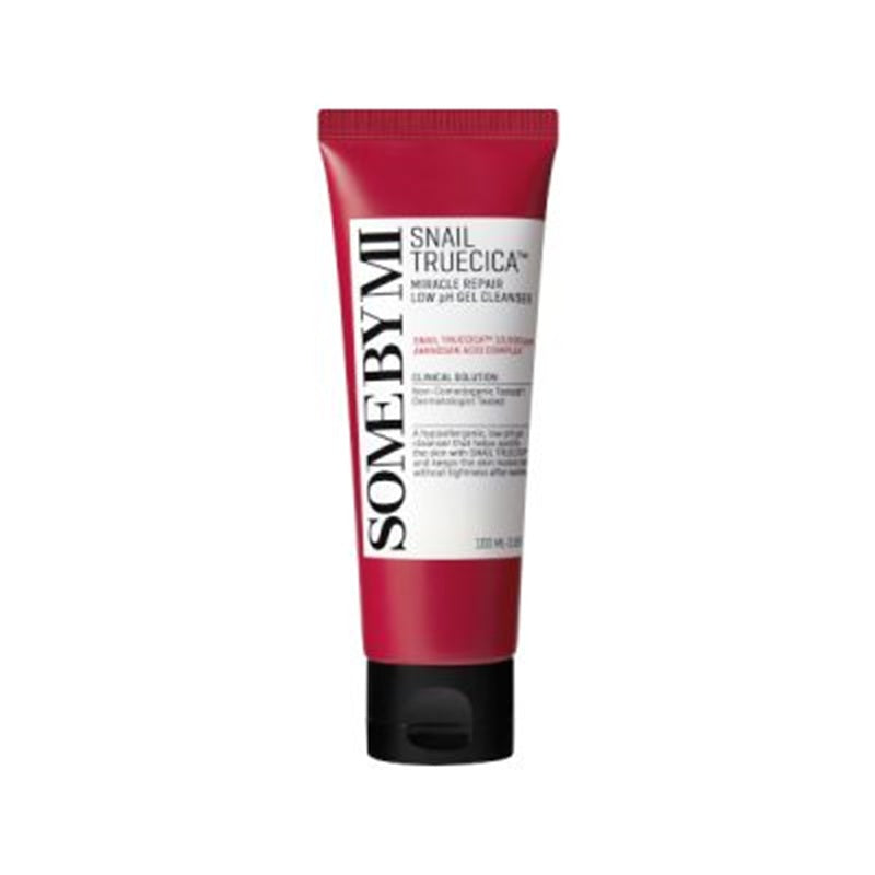 Some By Mi Snail Truecica Miracle Repair Low pH Gel Cleanser in a 100ml tube, showing the product packaging and label.