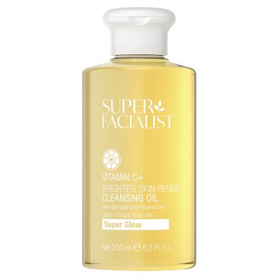 Super Facialist Vitamin C+ Brighten Cleansing Oil bottle, 200ml, with clear label and pump dispenser for facial cleansing.