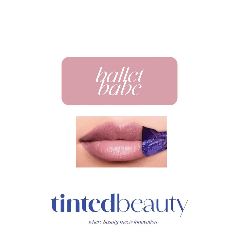 Tinted Beauty Peel & Reveal Lip Tint in Ballet Babe, showcasing the long-lasting makeup product in a sleek tube with a applicator brush.