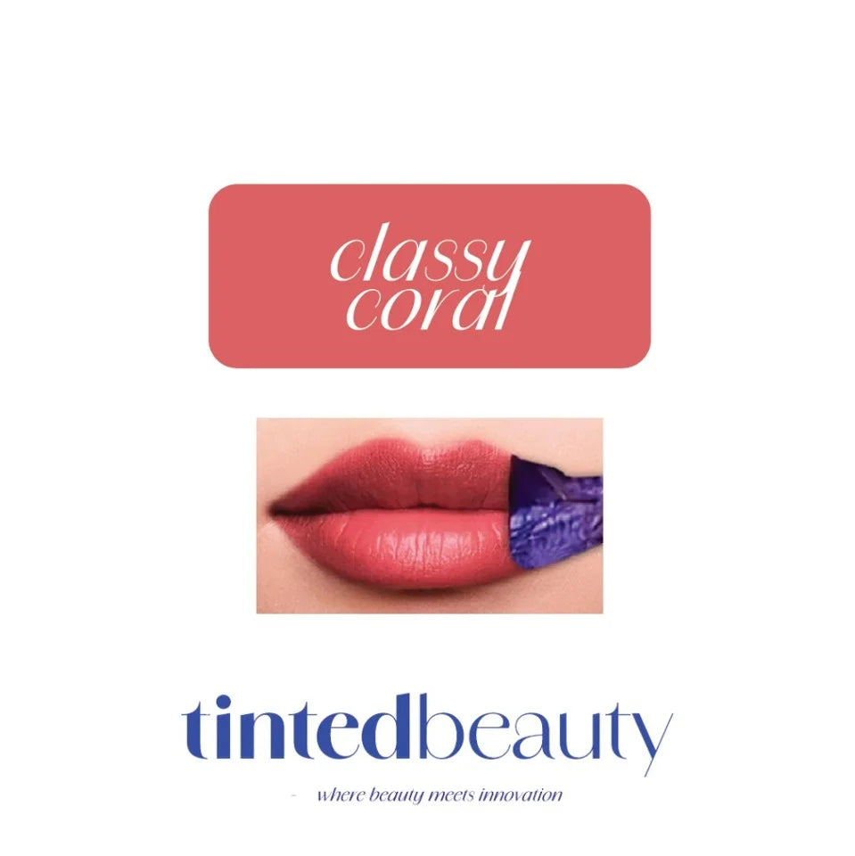 Tinted Beauty Peel & Reveal Long-Lasting Lip Tint in Classy Coral, showcasing the vibrant coral shade on smooth lips.