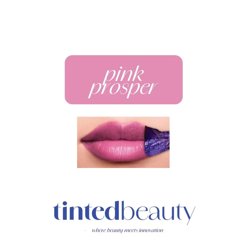Tinted Beauty Peel & Reveal Long-Lasting Lip Tint in Pink Prosper, makeup product with a sleek tube and applicator showing vibrant pink color.