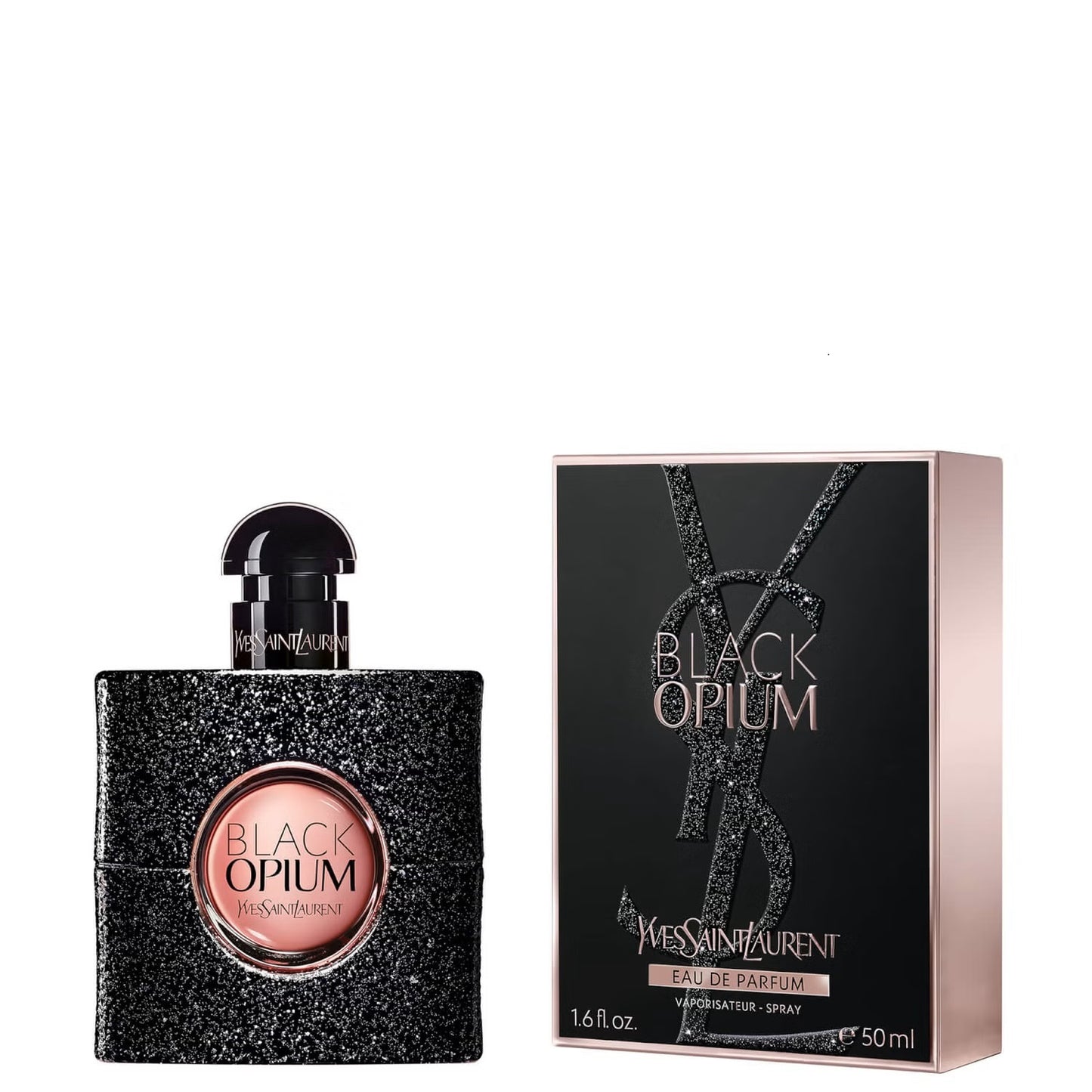 Yves Saint Laurent Black Opium Eau de Parfum 50ml bottle with black and gold packaging, showcasing the stylish perfume design.