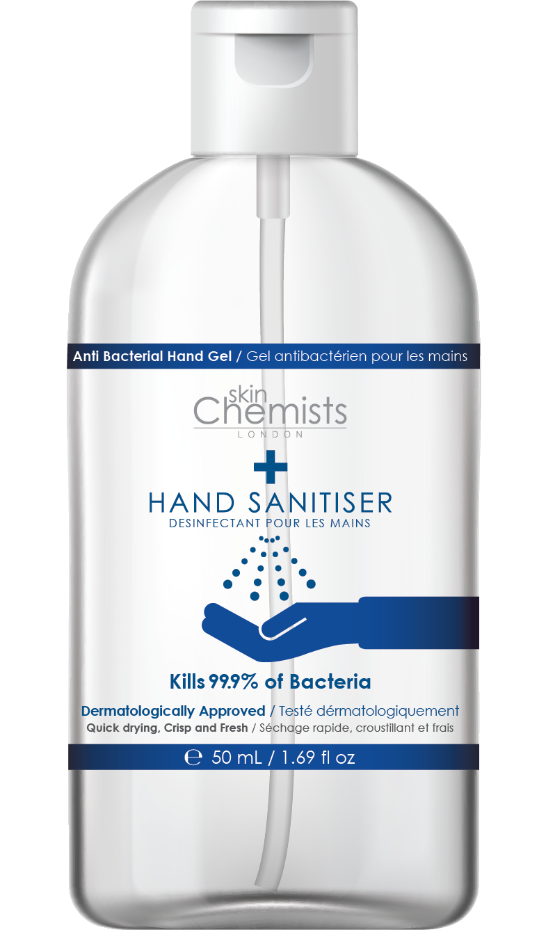 skinchemists london hand sanitiser high strength, made in uk 50ml