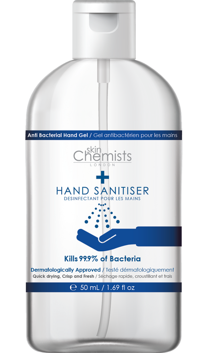 skinchemists london hand sanitiser high strength, made in uk 50ml