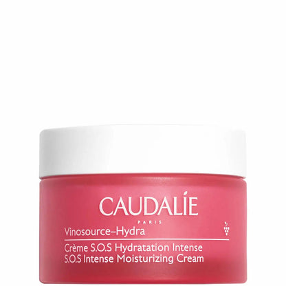 Caudalie VinoHydra SOS Intense Moisturizing Cream 50ml in a tub, shown with sleek packaging and creamy texture for dry skin.