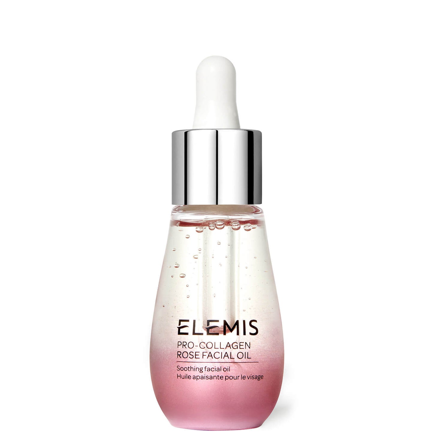 Elemis Pro-Collagen Rose Facial Oil 15ml in a glass bottle with dropper, part of Elemis skincare lotion and moisturizer collection.